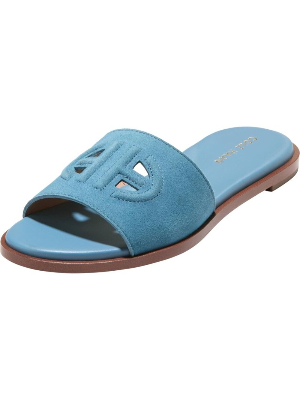 Womens Blue Suede Comfort Fit Open Toe Flynn Logo Slide Casual Flat Sandal Shoes